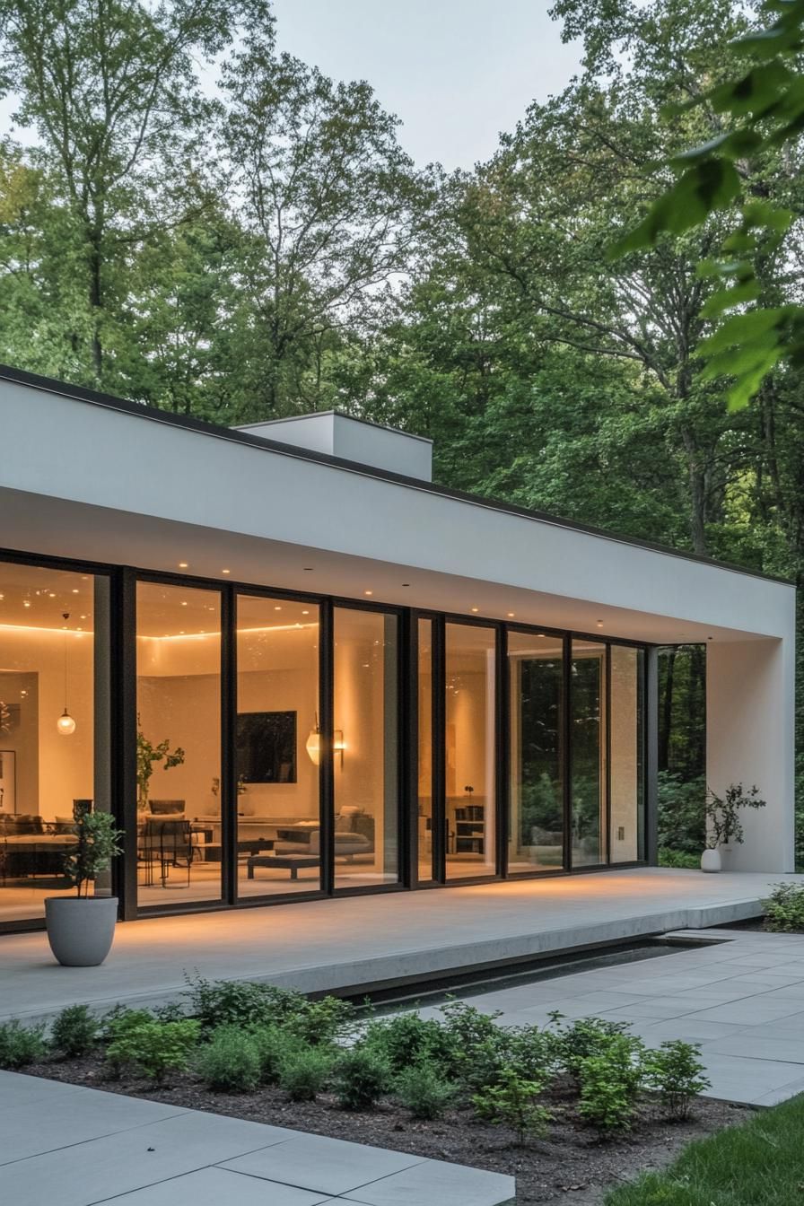 Sleek modern bungalow with large glass windows nestled among trees