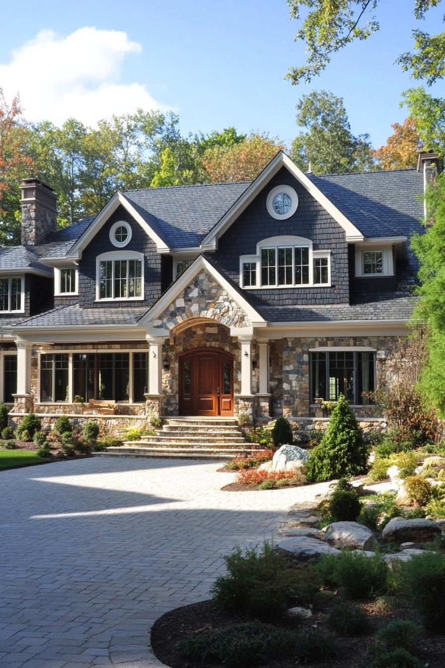 Large stone house with lush greenery