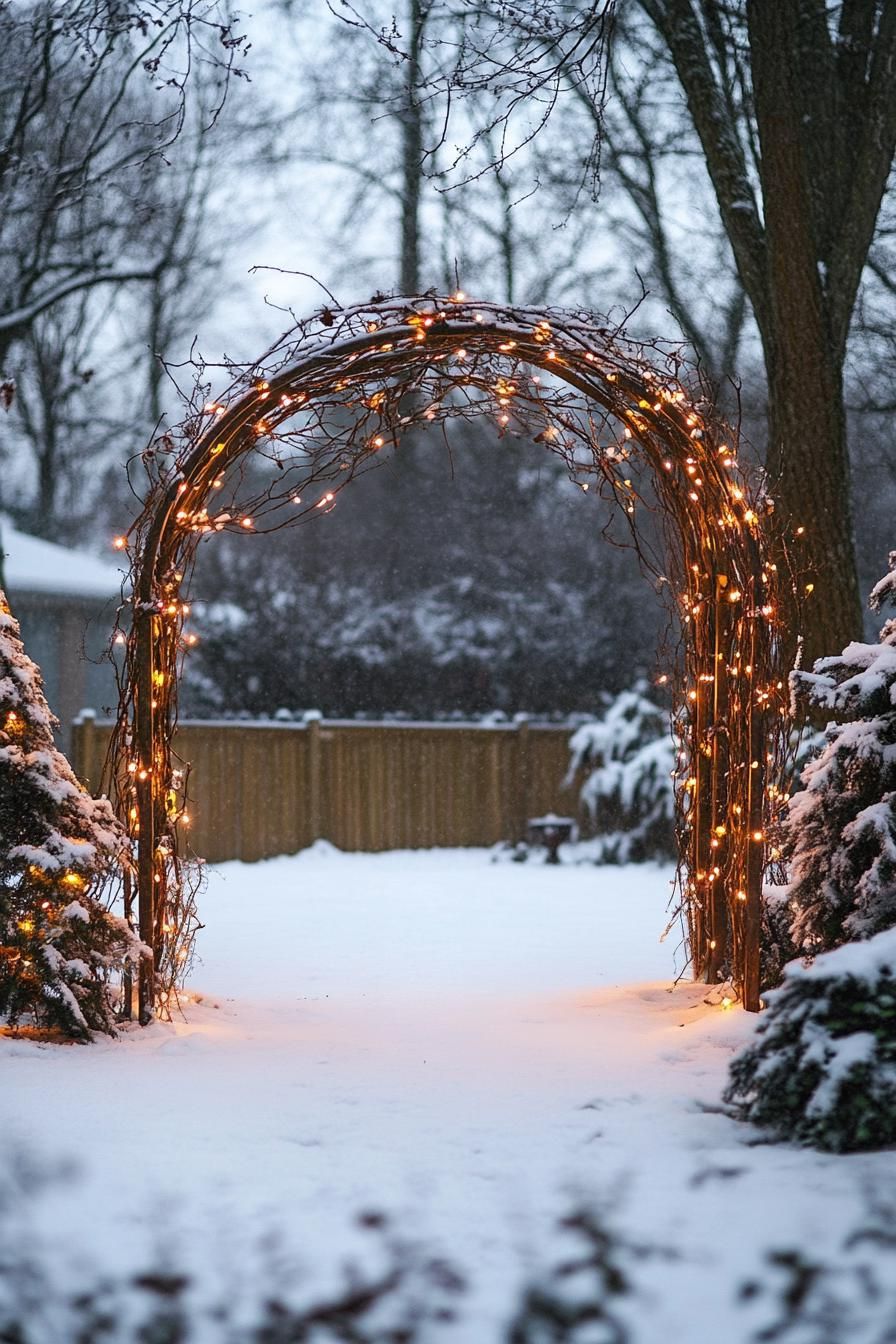 backyard garden in winter with arbor arch made of thin branches decorated with fairy lights and small christmas orbs snow on the ground v 6.1