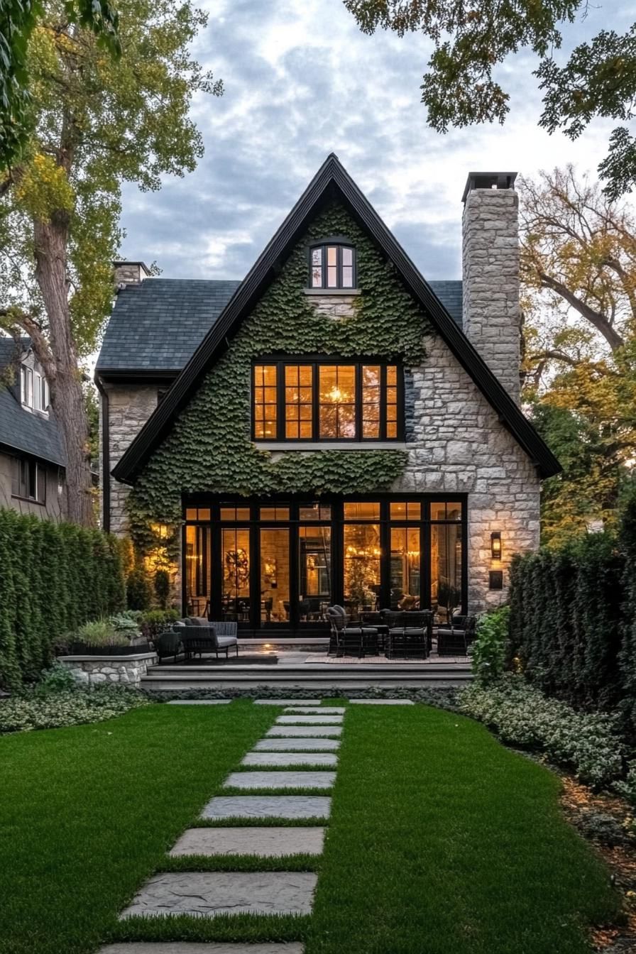 Modern Tudor house with vines on stone facade