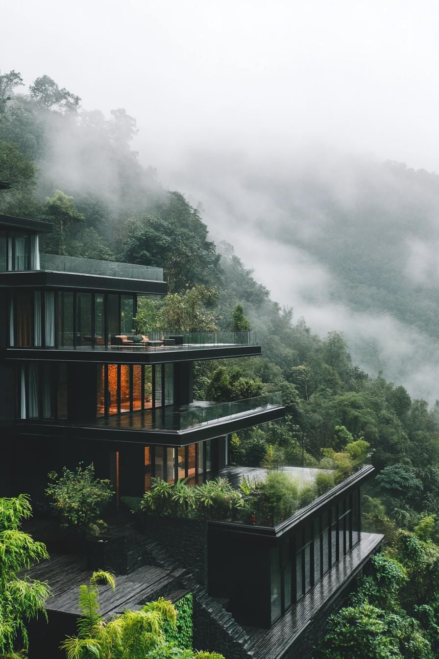 modern mountain black house with multiple stories large terrace with pool glass railings v 6.1