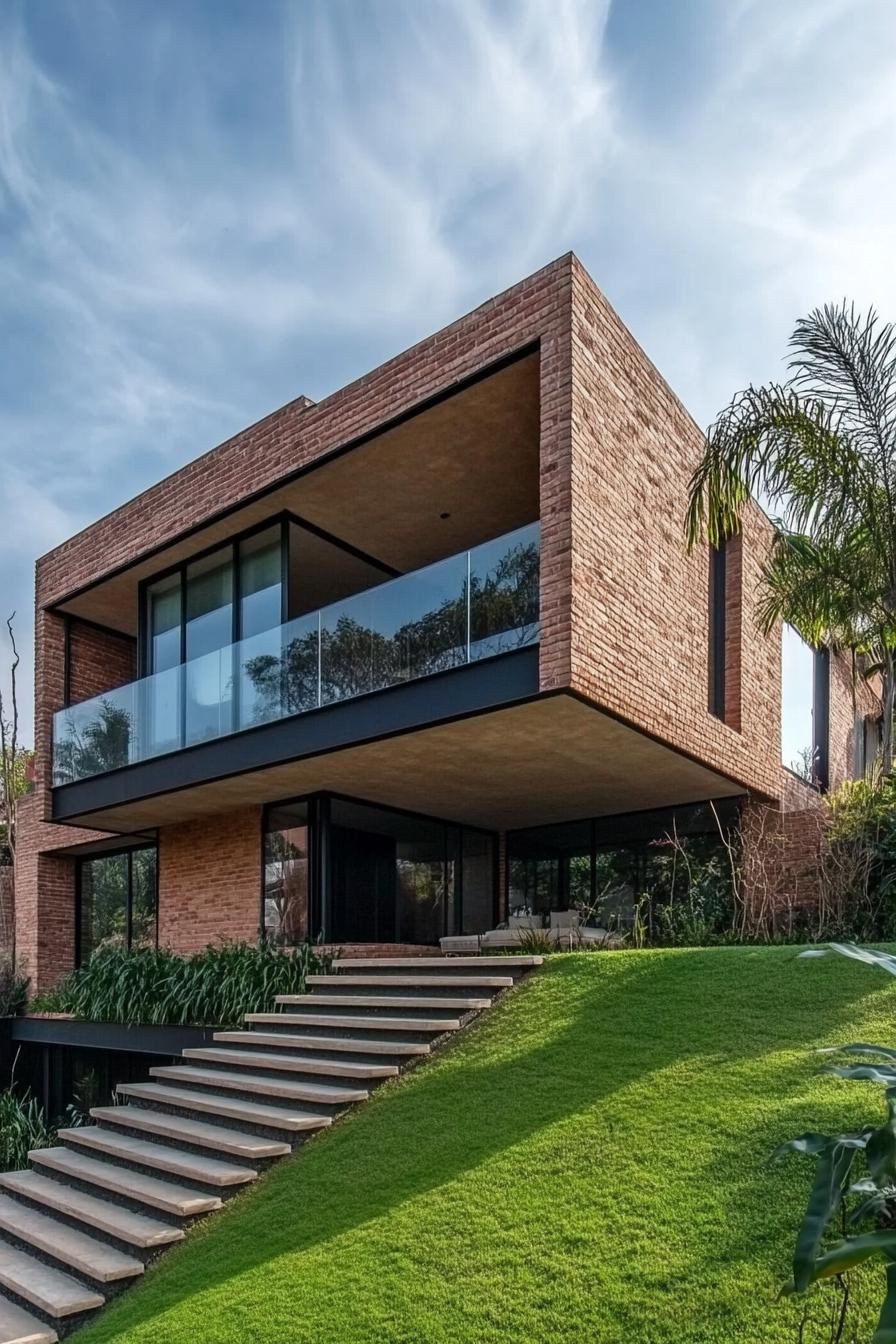 modern house with brick siding and modern geometric windows built on a 45 degree green slope and plain foot the house has a large terrace with glass