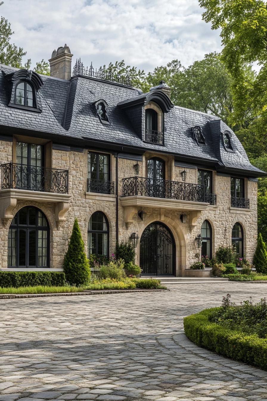 french country cottage with polished stone tile facade dark grey shingle roof with dormers large arched windows iron balconies big arch entry