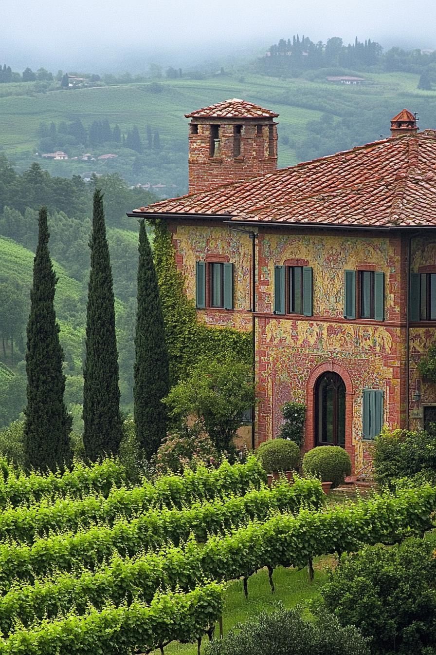 italian villa with multi colored stone facade vineyard italian cypress plants misty valley hills in the background 1