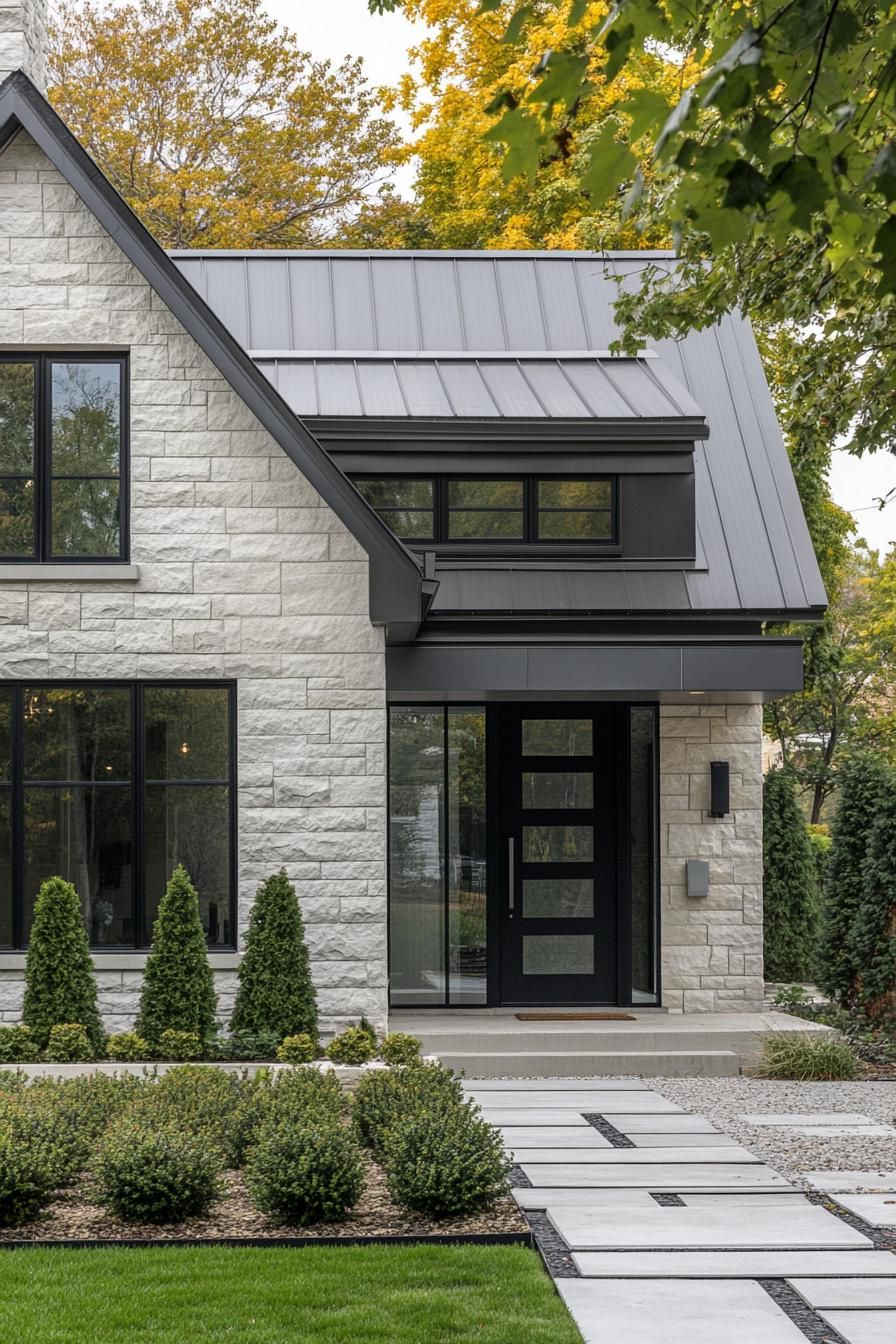 Modern stone house with metal roof and large windows