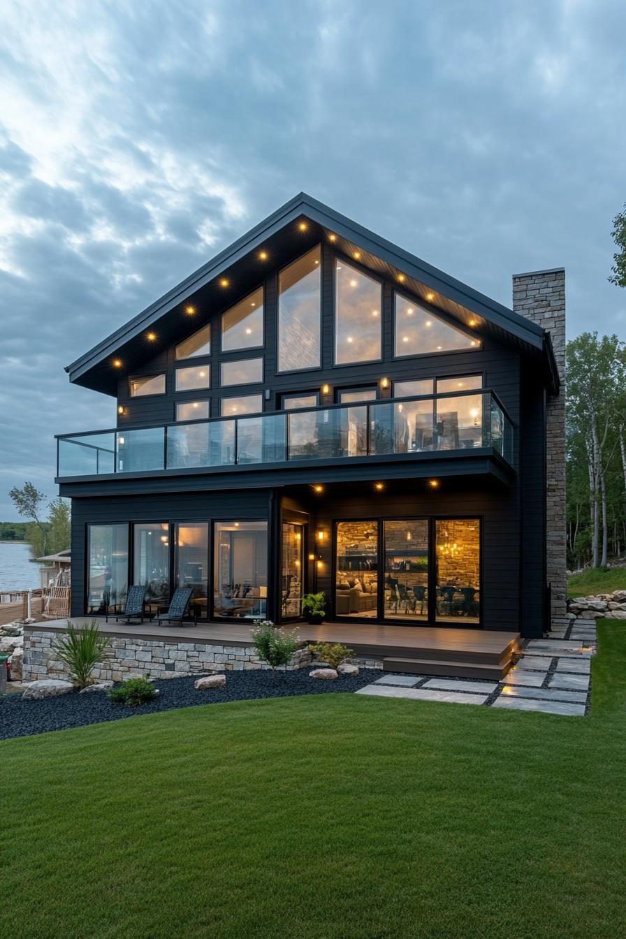 contemporary house exterior in black siding with accept stone wall full glass wall windows large balcony and porch LED lit eaves landscaping with