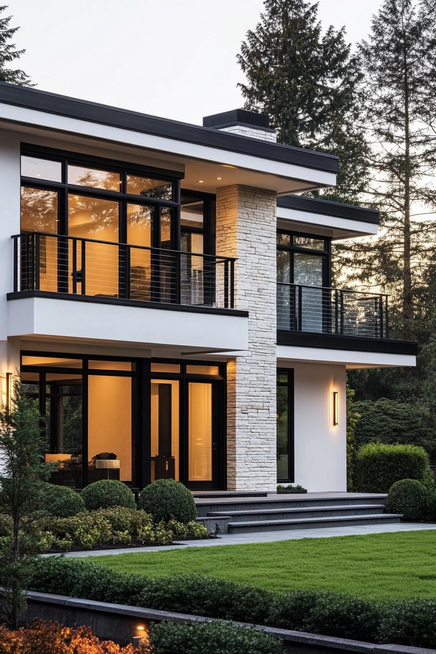 modern villa design with white facade and black trim accent stone mosaic chimney large modern windows with black trim glass front doors balconies 2