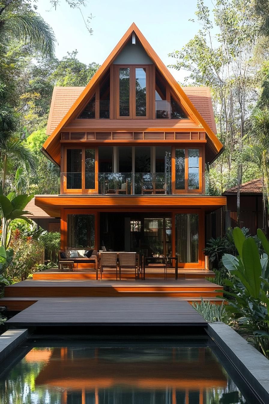 A modern A-frame Thai house with a wooden deck and pool