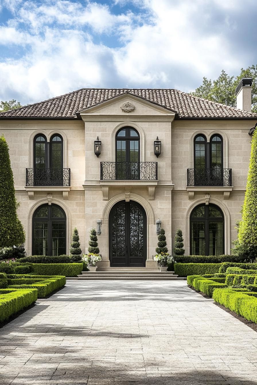 Elegant mansion surrounded by manicured hedges