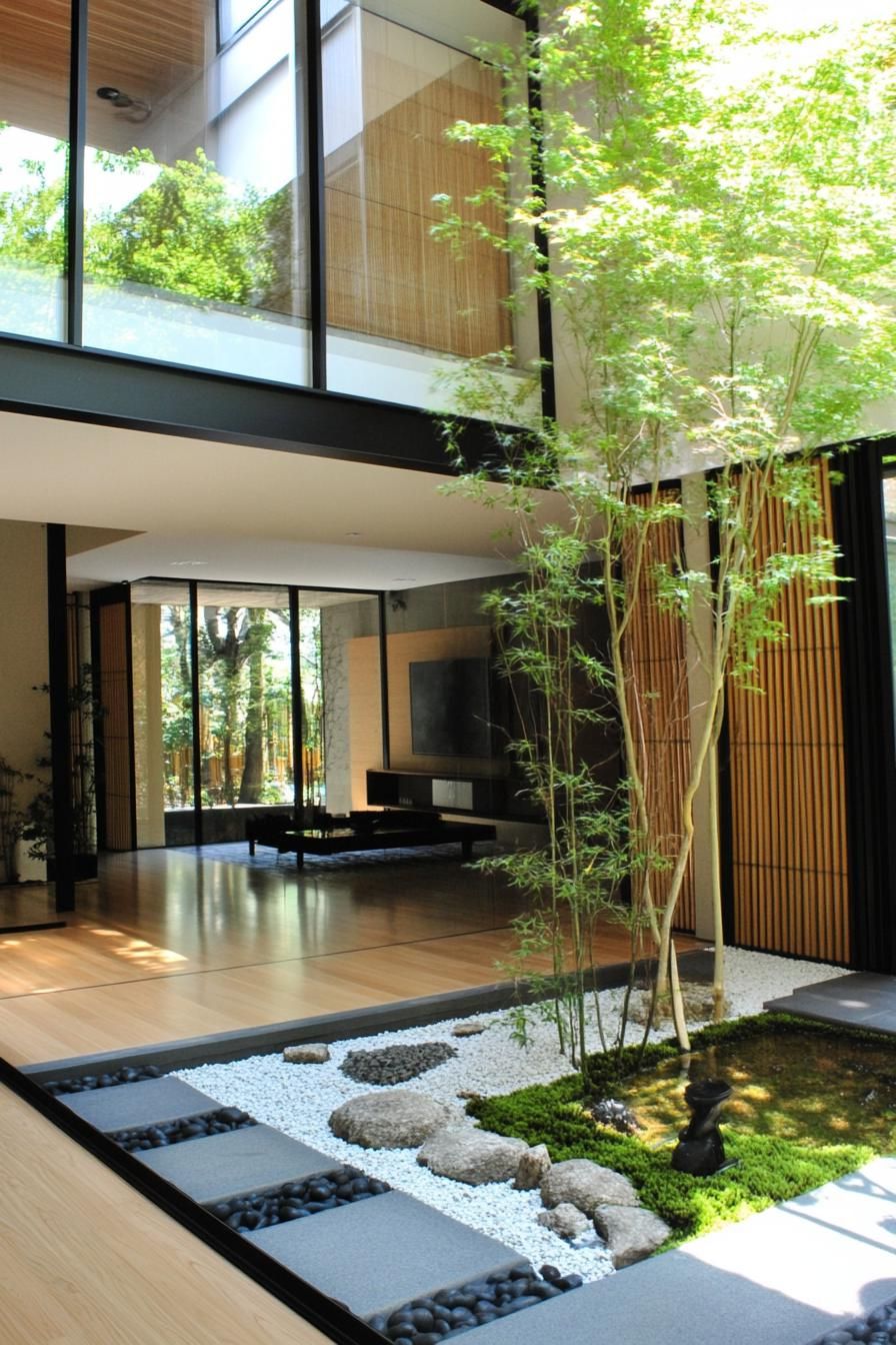 Japanese courtyard with bamboo and modern design