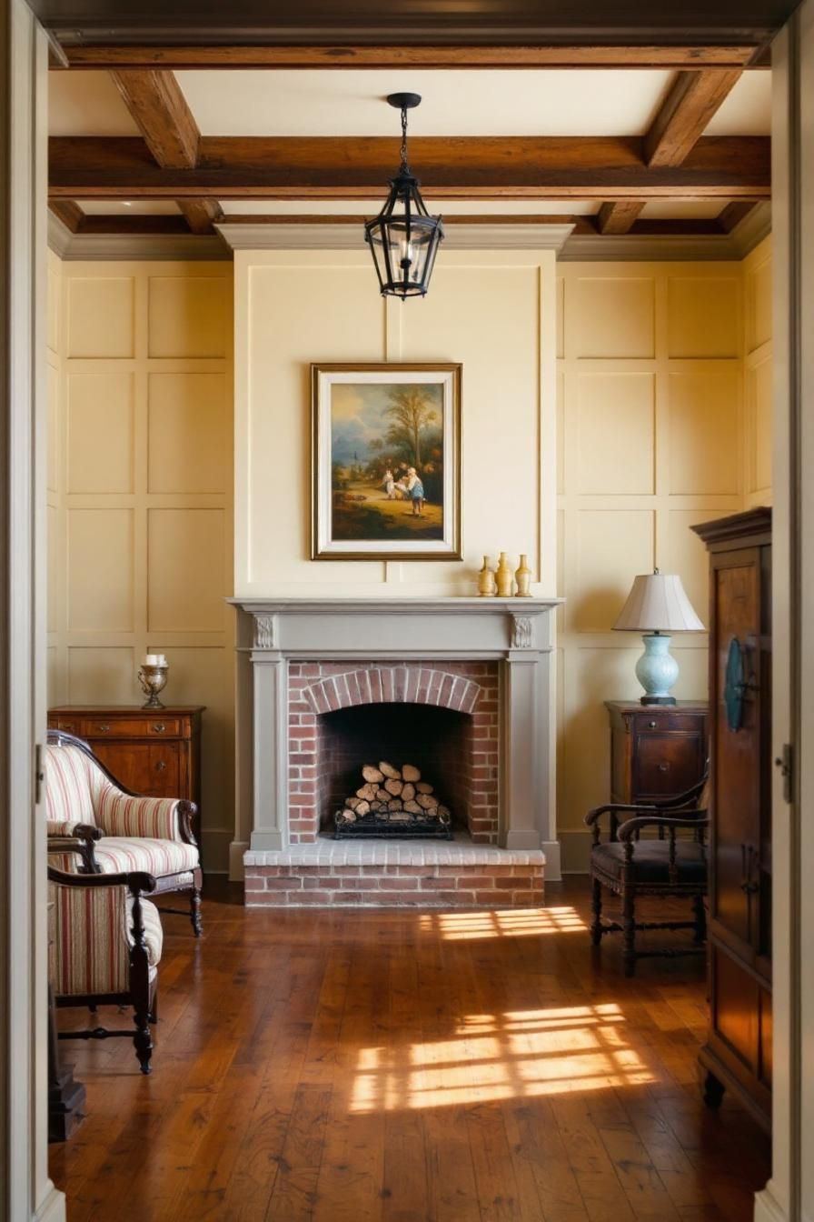 Colonial fireplace with wooden beams and armchairs