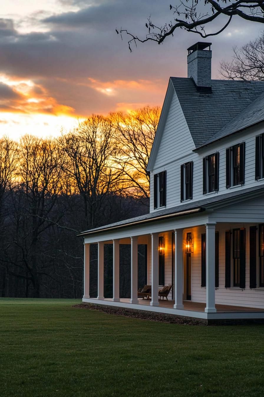 Farmhouse with wraparound porch and sunset backdrop