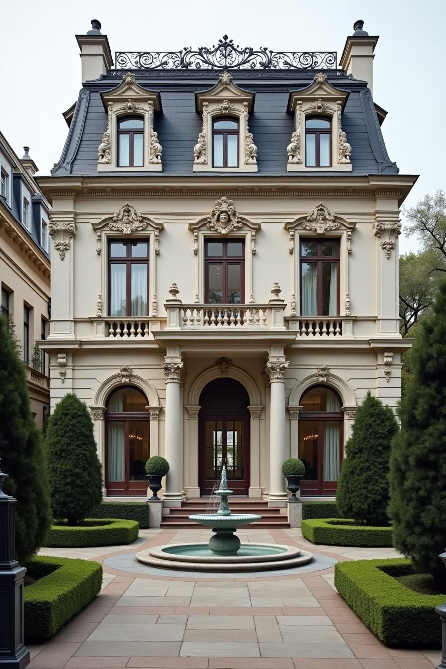 Ornate mansion with a central fountain