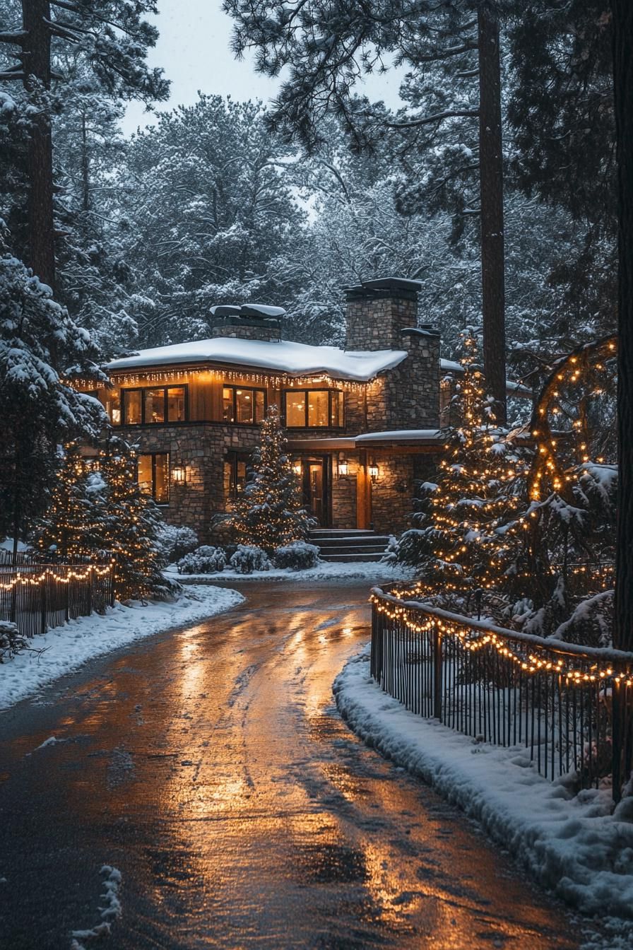 forest manor with stone siding modern windows roof with snow trimmed with string lights fir trees in the front yard with string lights the