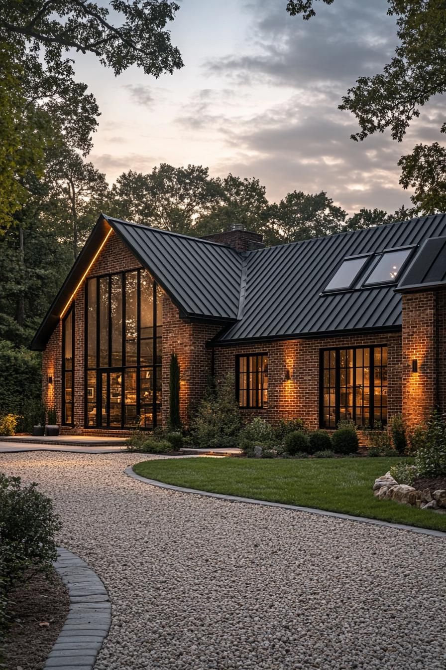 Brick house with large windows and twilight ambiance