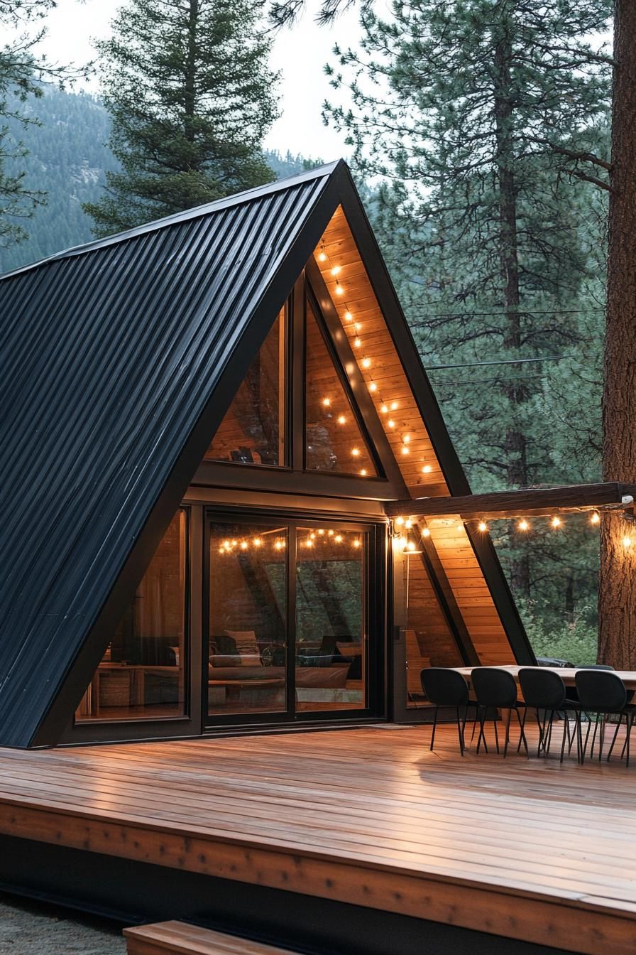 modern tiny a frame cabin on a large wooden deck black metal roof reclaimed wood siding eave and porch cover clean modern table with chairs v 6.1 1