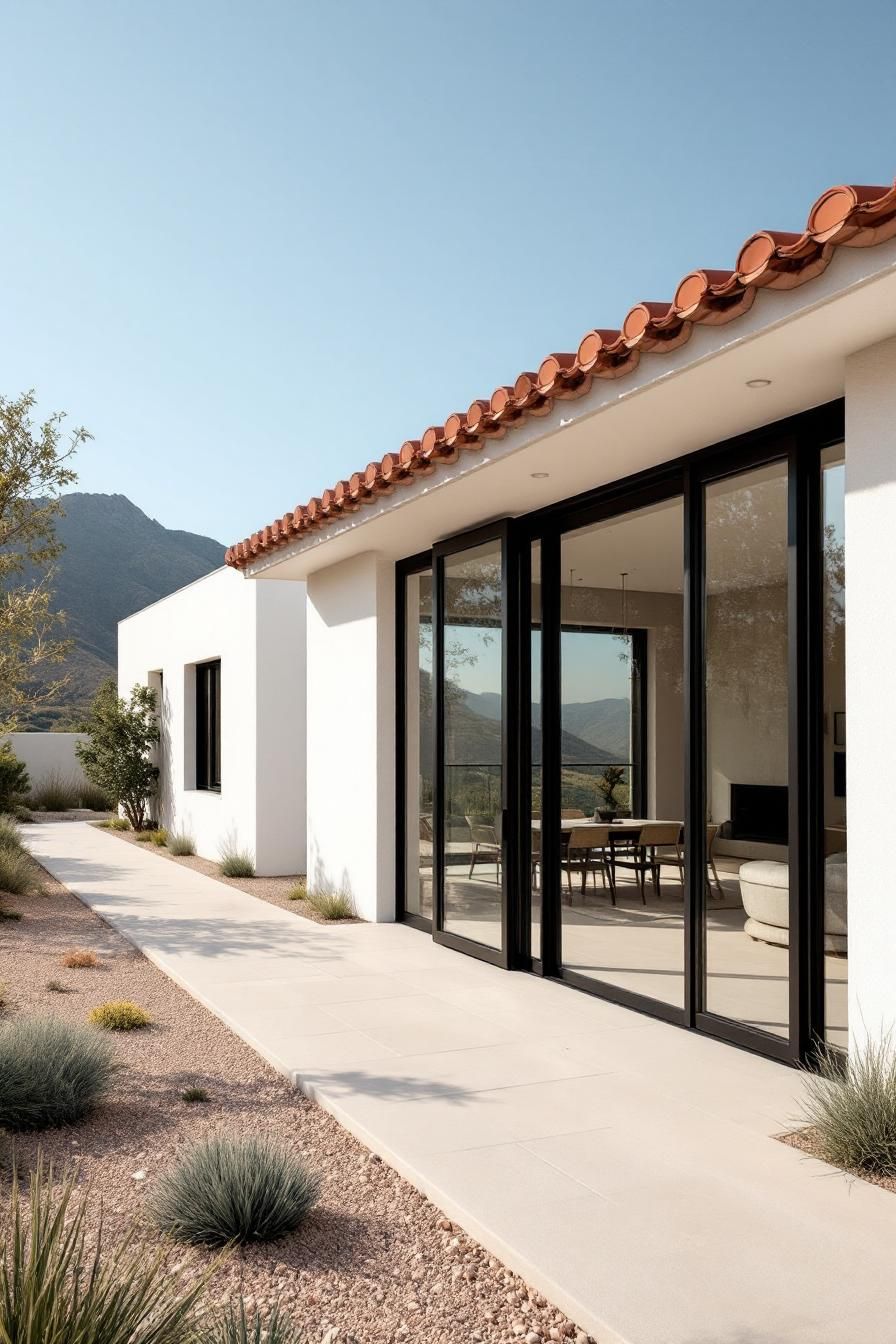 Contemporary house with large glass doors and terracotta roof