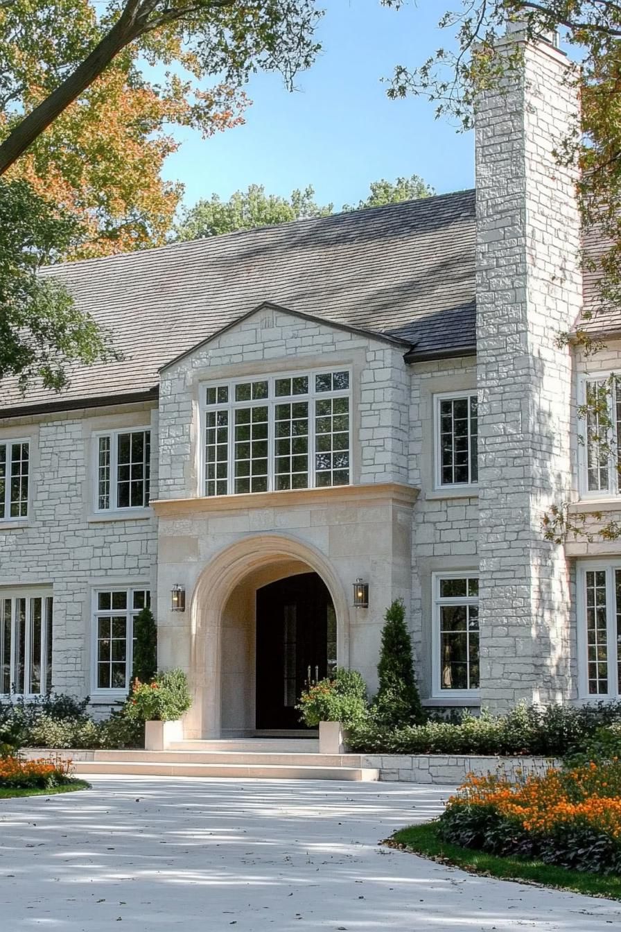 A stately stone house with an arched doorway