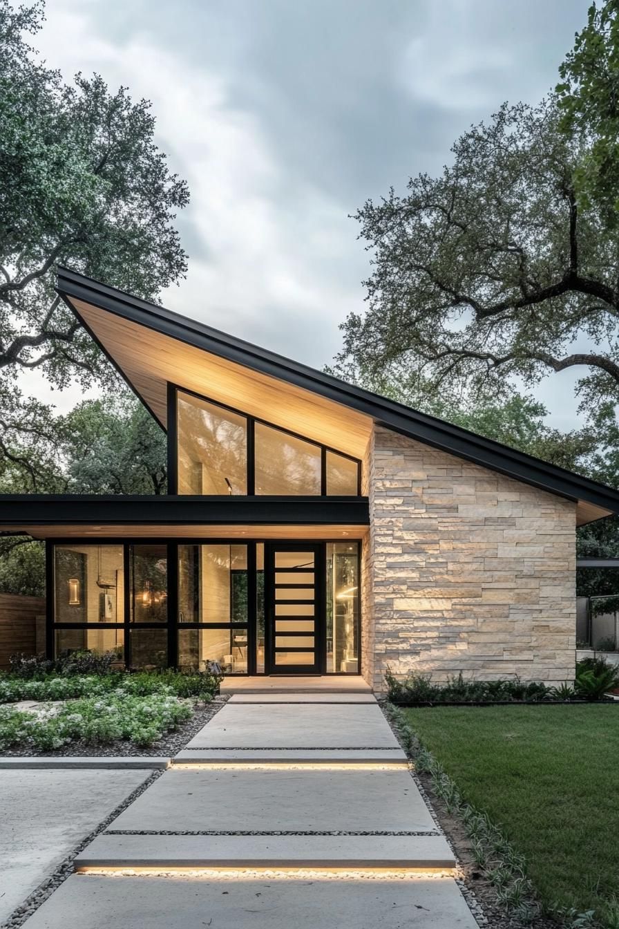 Modern bungalow with expansive glass and stone facade