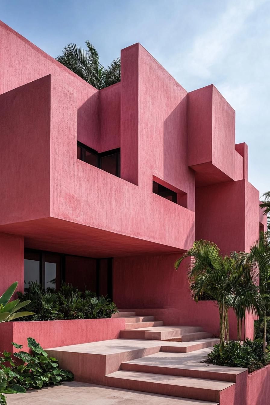 Pink geometric building with lush greenery