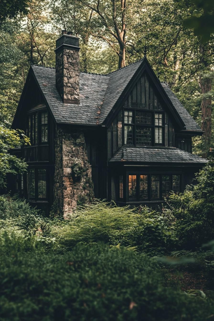 Dark stone cottage surrounded by lush greenery