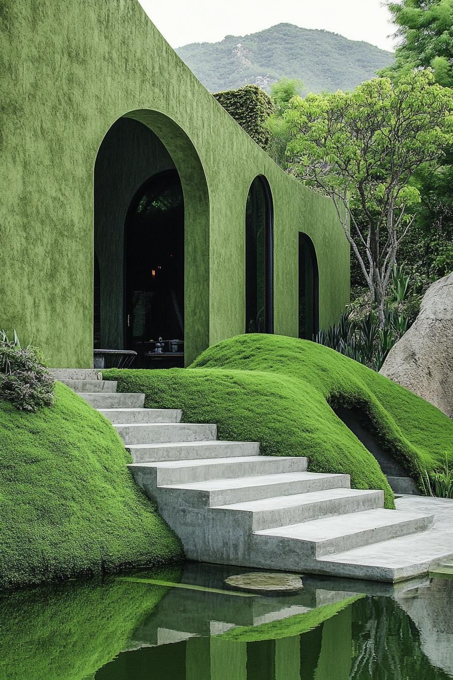 green zen yard with a pond green hilly landscape green rocks green concrete steps green color house wall with tall arched windows 1