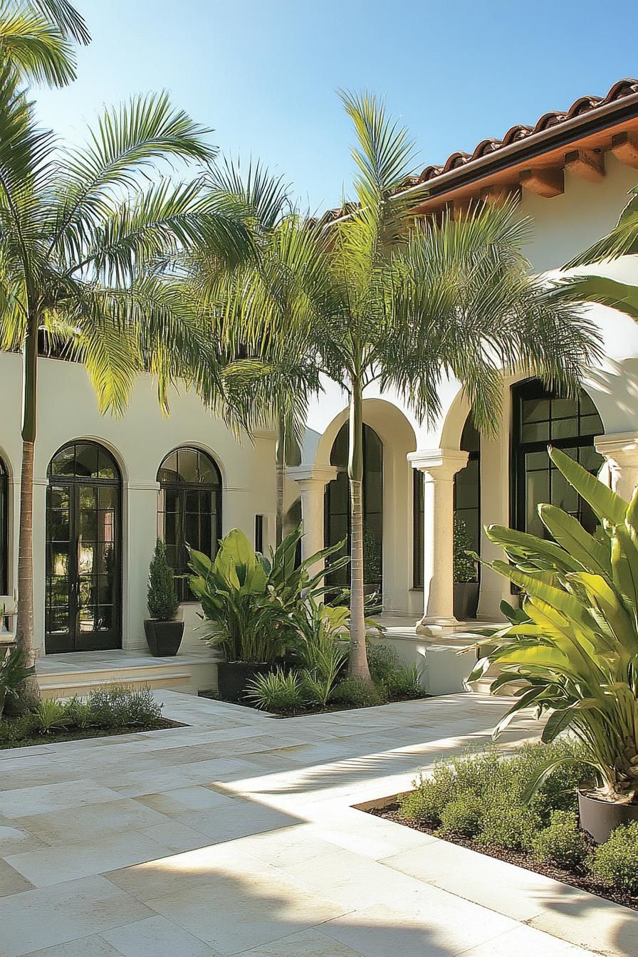 mediterranean house courtyard with arches and columns modern windows limestone pavement tall palms 3