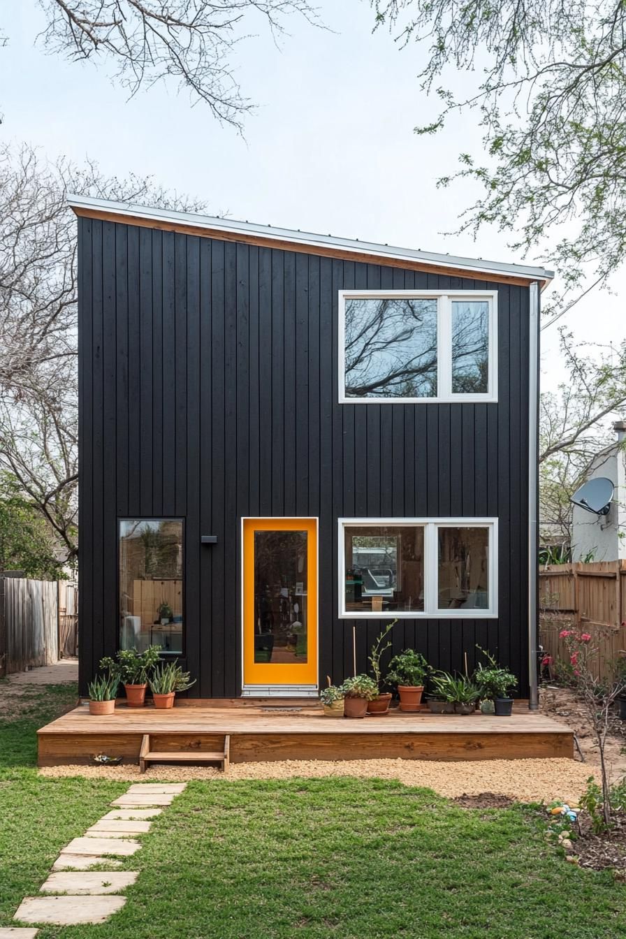 Modern black two-story house with a bright orange door