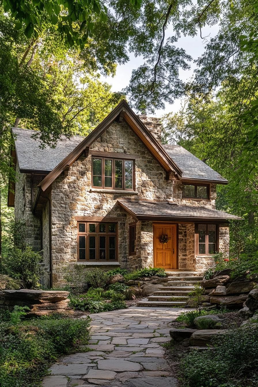 Charming stone cottage with wooden door, surrounded by lush greenery