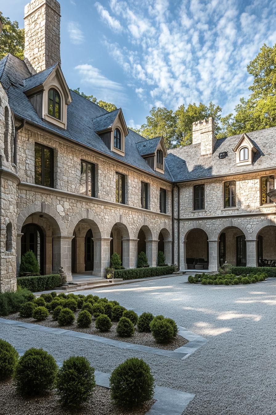 Elegant stone manor with arched facade and lush bushes