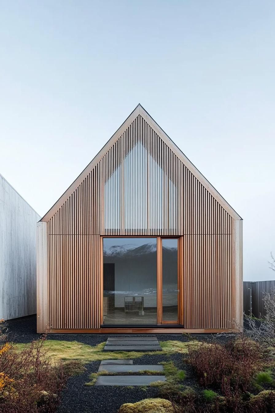 Modern wooden cabin with slatted facade and gable roof