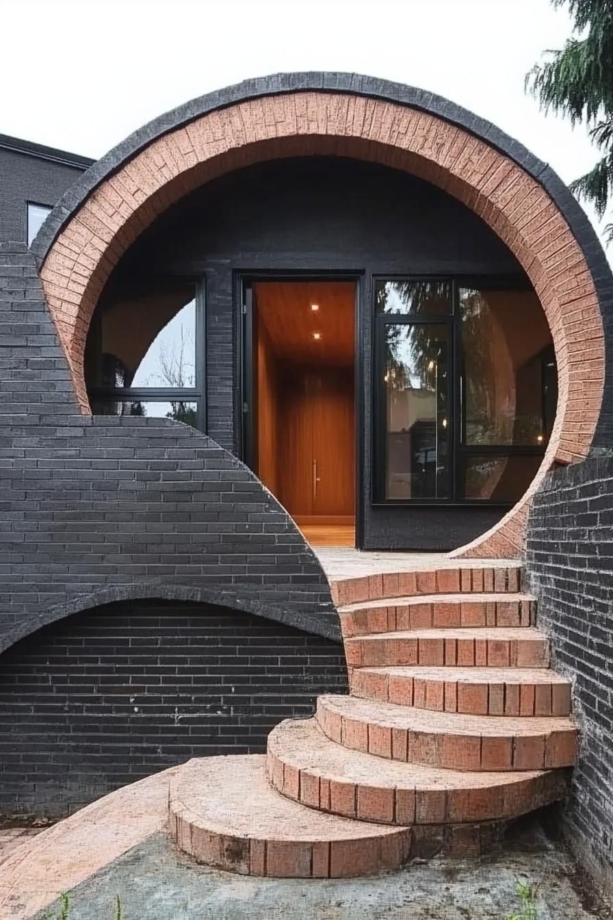 modern house facade with spiral shaped brick arch doorway v 6.1