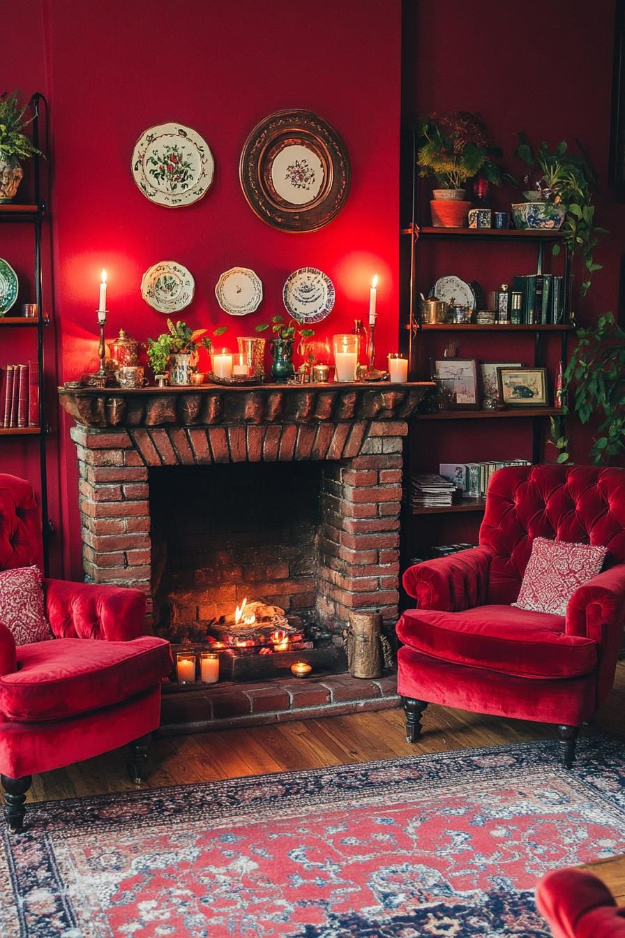 Cozy room with red velvet chairs and a brick fireplace