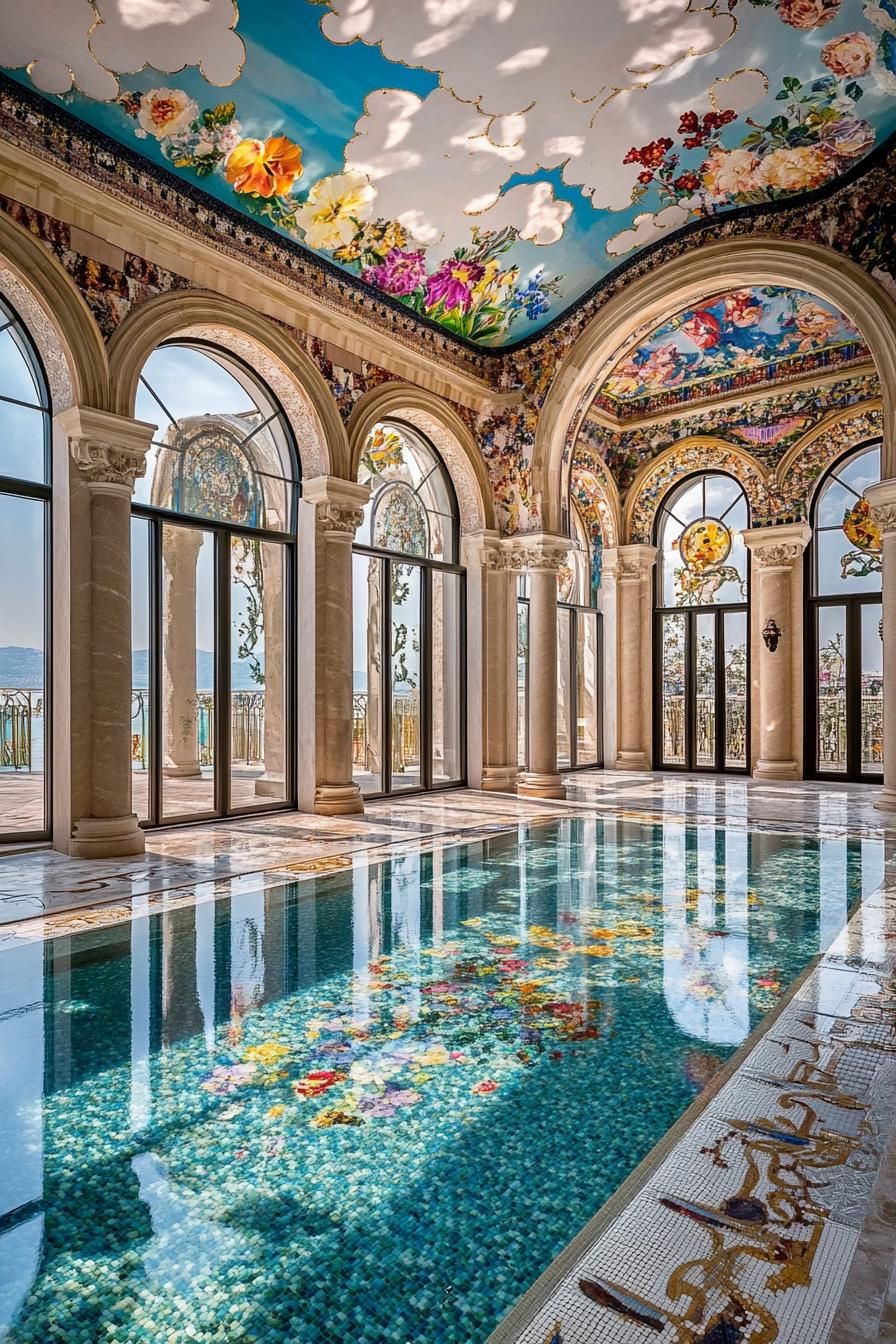 dreamscape luxury spa with large arched windows columns with floral mosaics pool with floral mosaics mosaic floors ceilings with cloud art 3