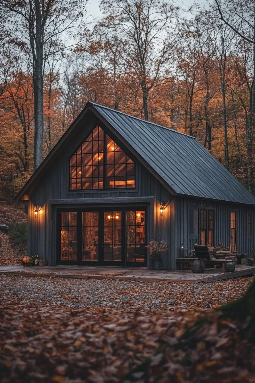 Cozy A-frame cabin surrounded by autumn leaves