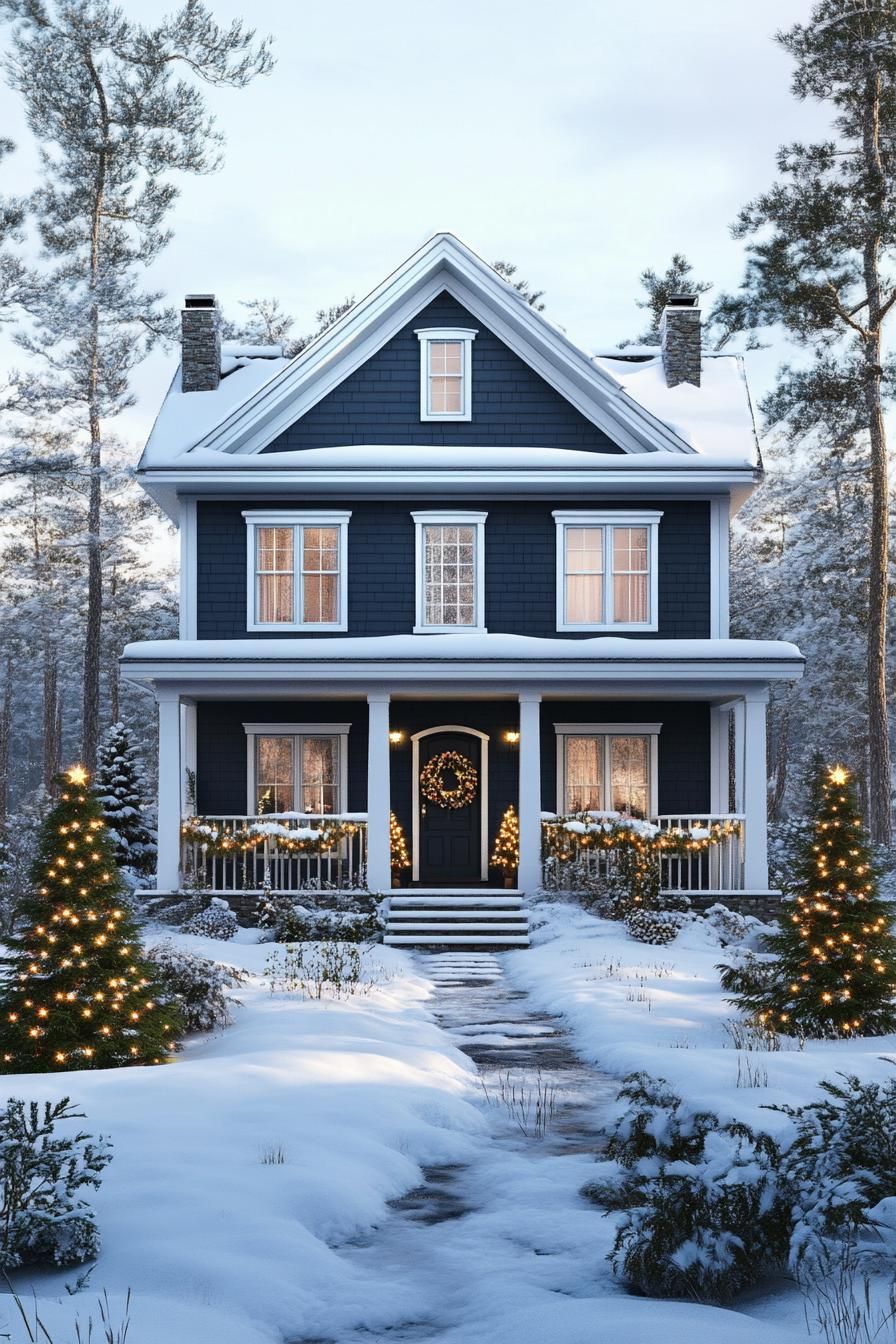 front view of a tall french cottage with dark siding and white trim and moldings roof with snow large porch with white columns front door with 1