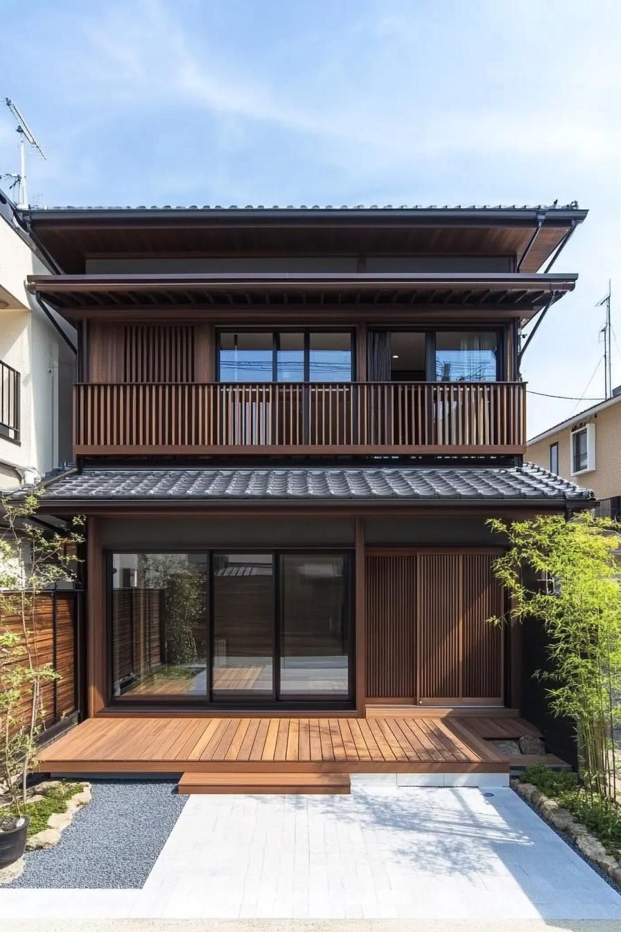 Two-story minimalist Japanese house with wooden accents