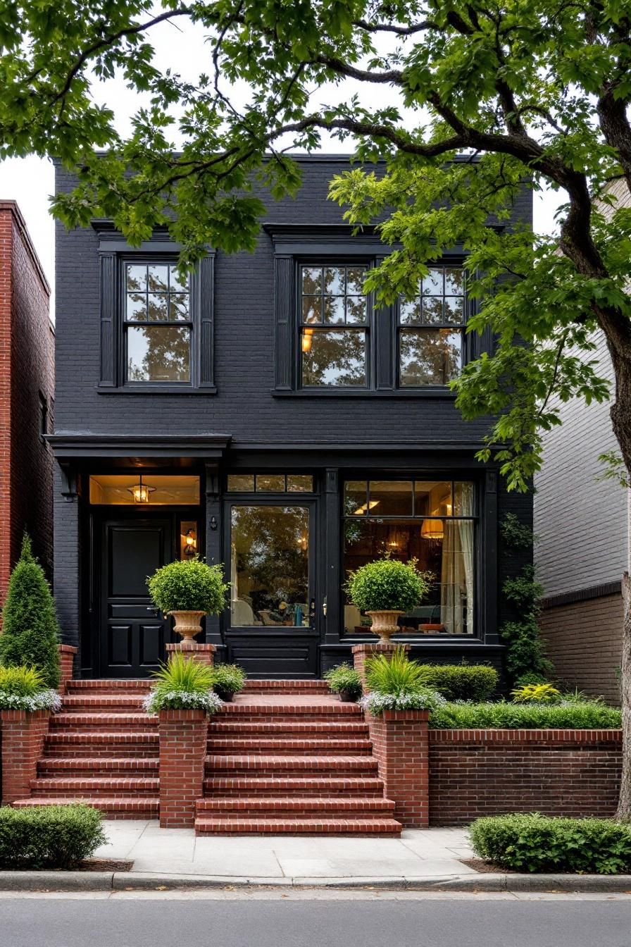 Black facade townhome with brick steps and greenery