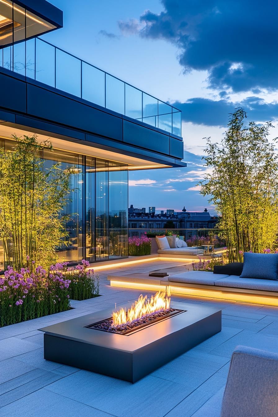 modern rooftop terrace with glass railings modern cushioned furniture LED lighting gas firepit blossoming flower beds glass building a bed with 3