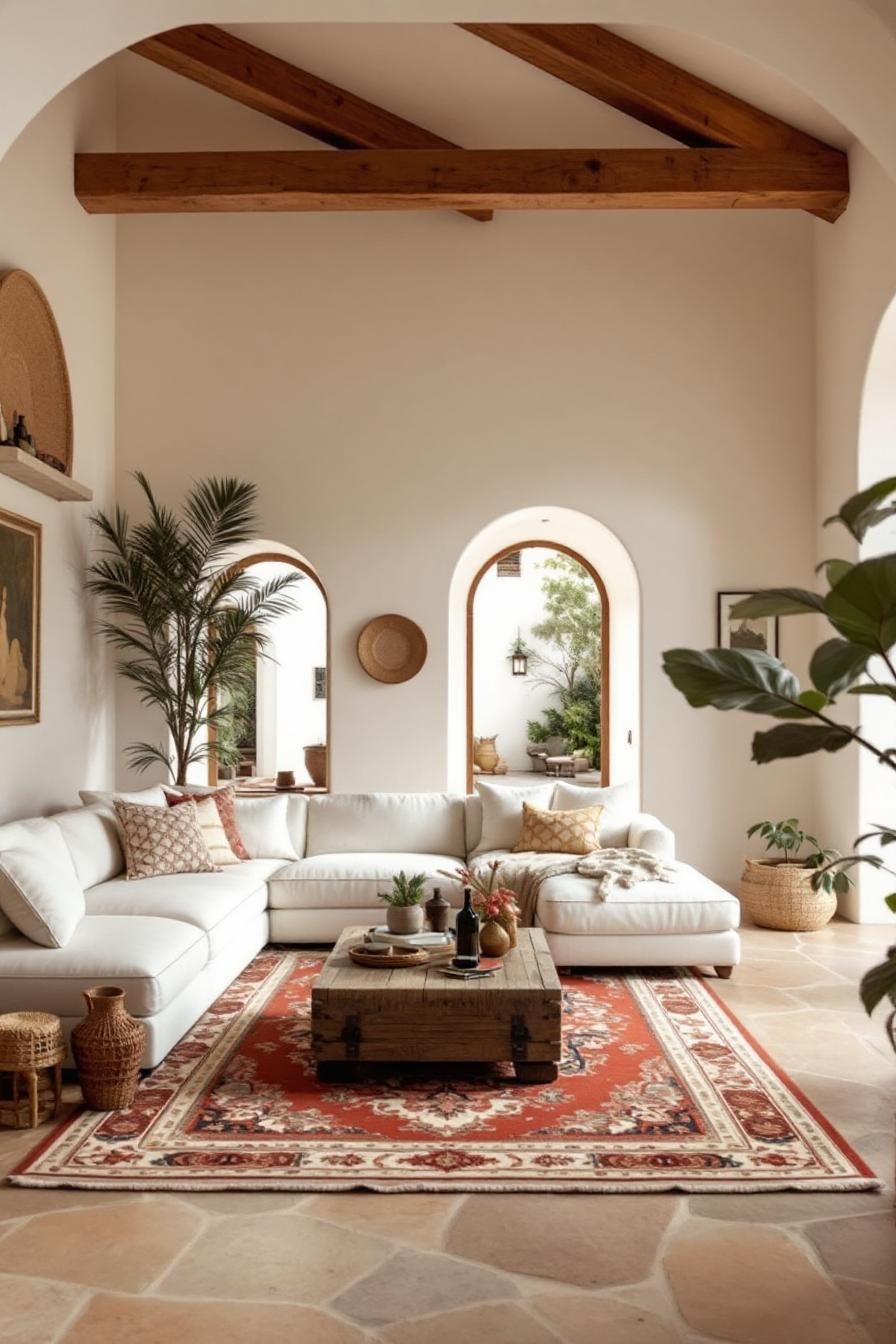 Bright living room with large arched windows and wooden beams