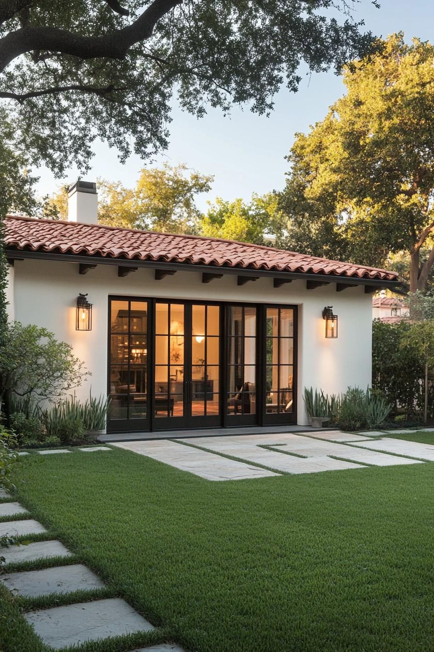 Spanish-style bungalow with a red-tiled roof and large windows