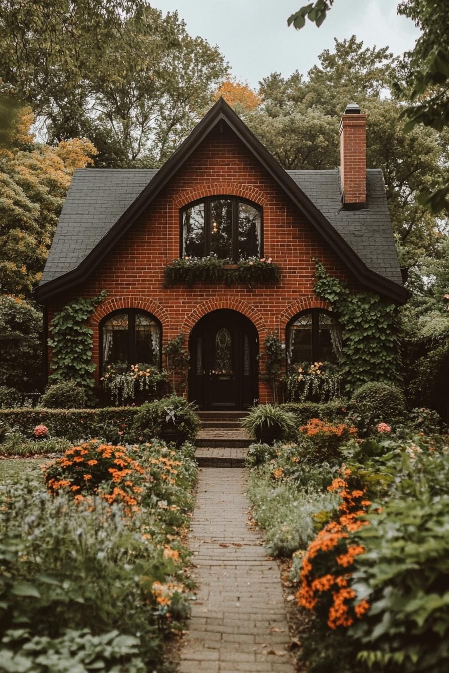 Brick house adorned with ivy, surrounded by vibrant flowers