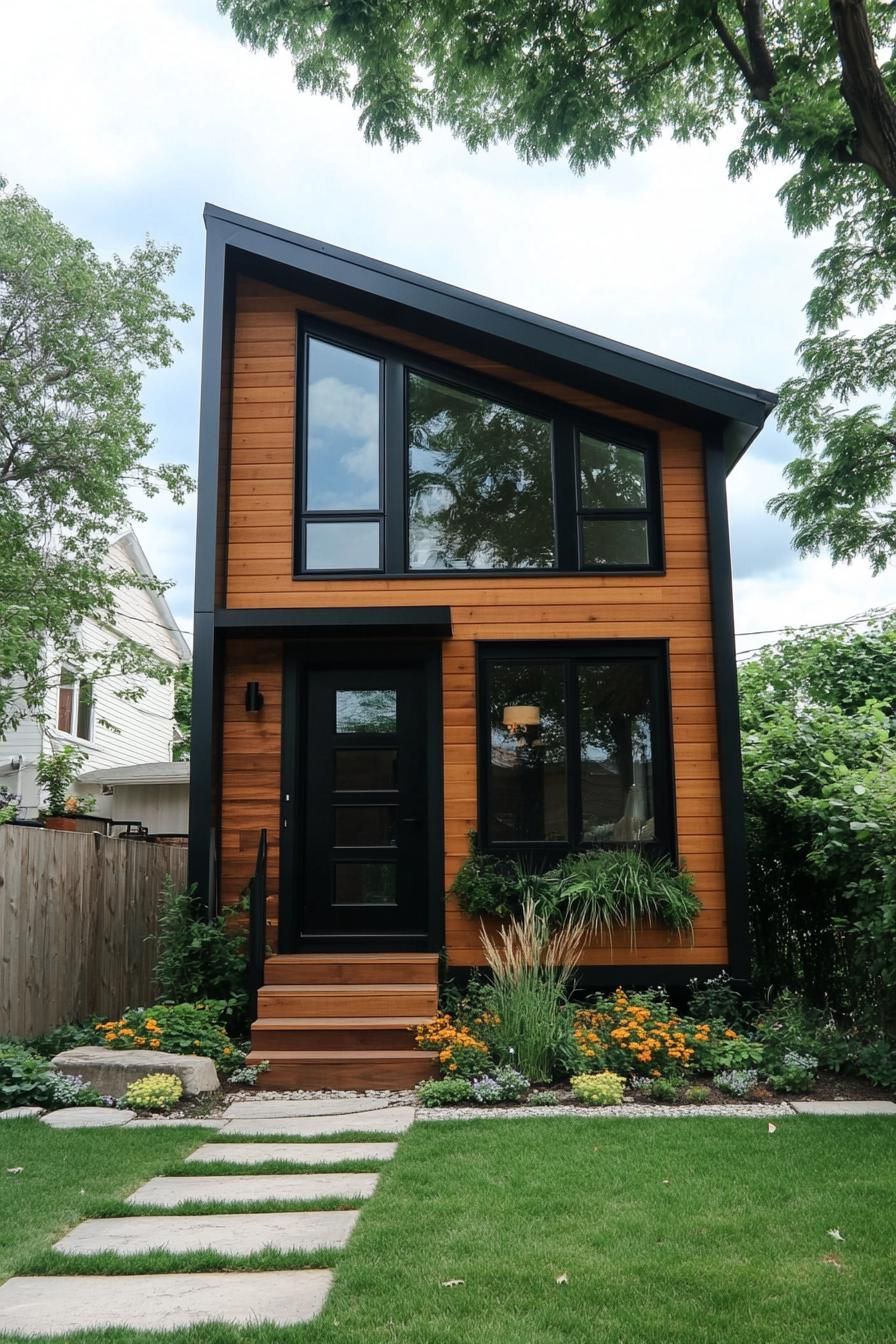 narrow modern 2 story tiny house with gemetric facade and reclaimed wood siding modern geometric windows in black trim lush front garden with 2