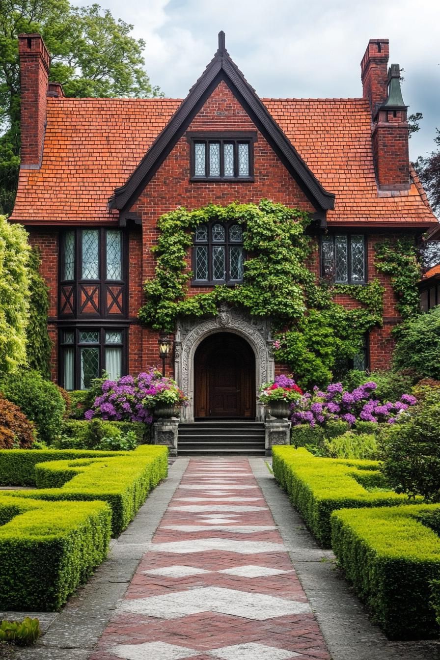 two story English red brick manor front facade with flower vines red shingle roof facade detailing garden with geometric shrubs