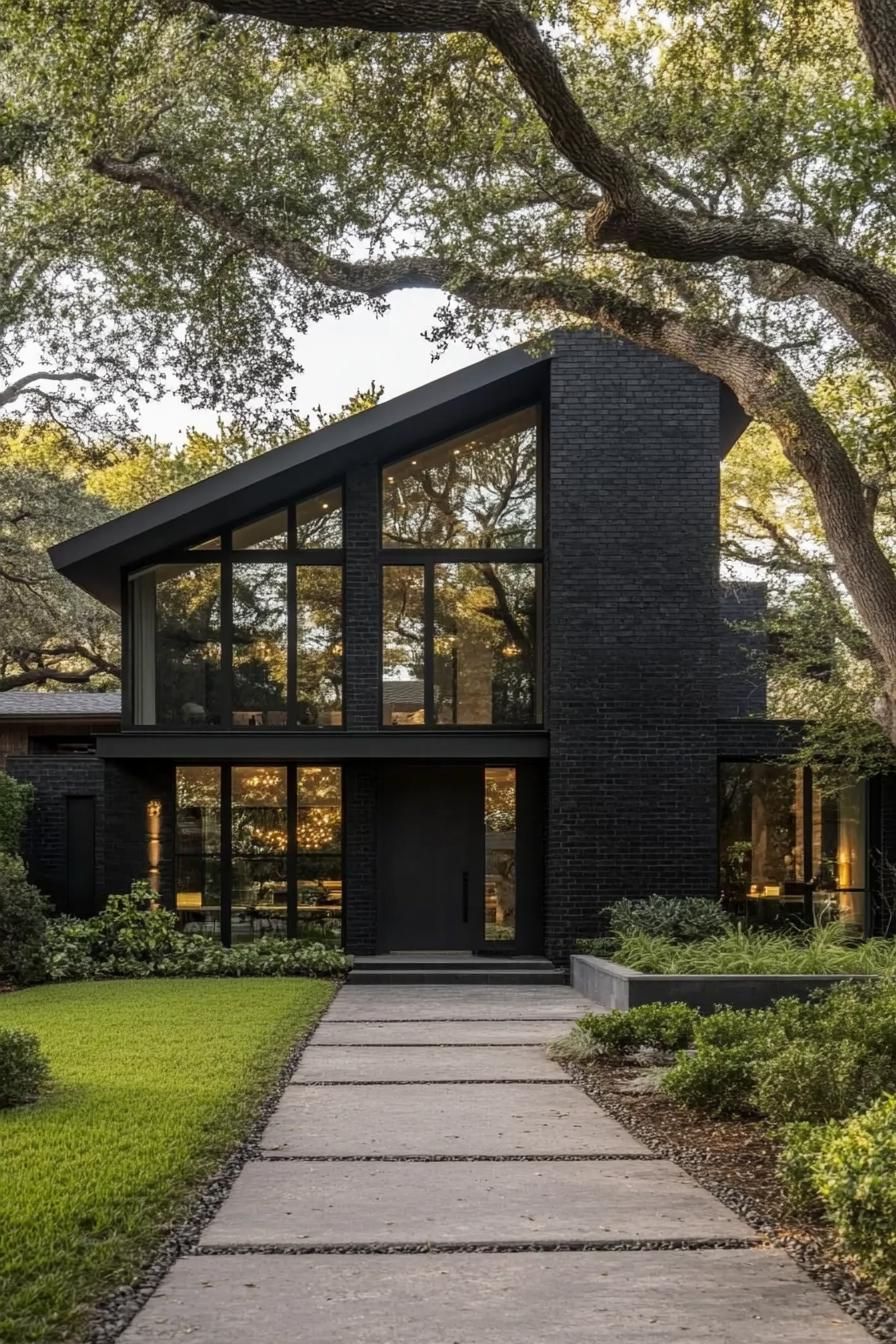 Sleek black house with large windows surrounded by trees