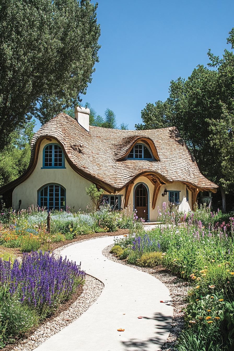 Whimsical cottage with a curvy wooden roof surrounded by garden blooms