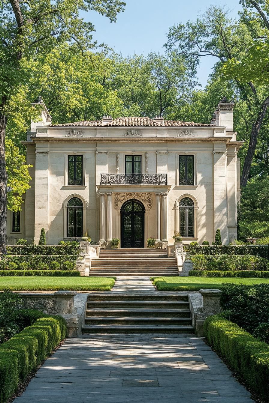 Luxurious stone mansion amidst lush greenery