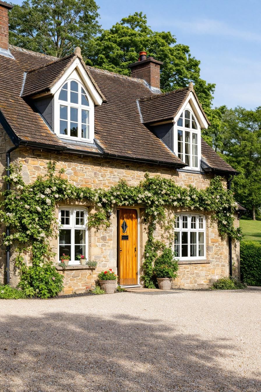 Stone cottage with climbing plants