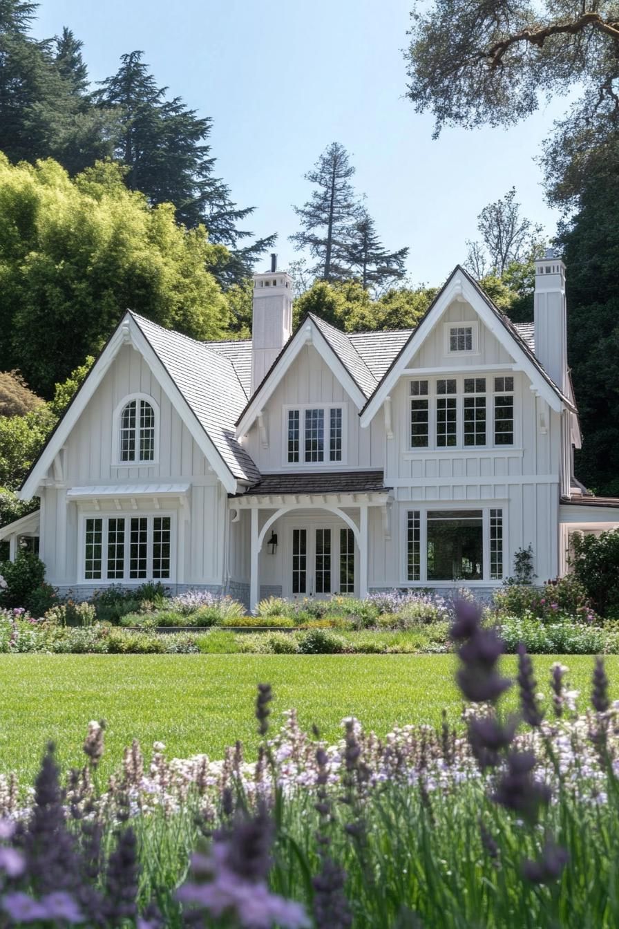 Charming white Gothic house with lush green lawn and trees