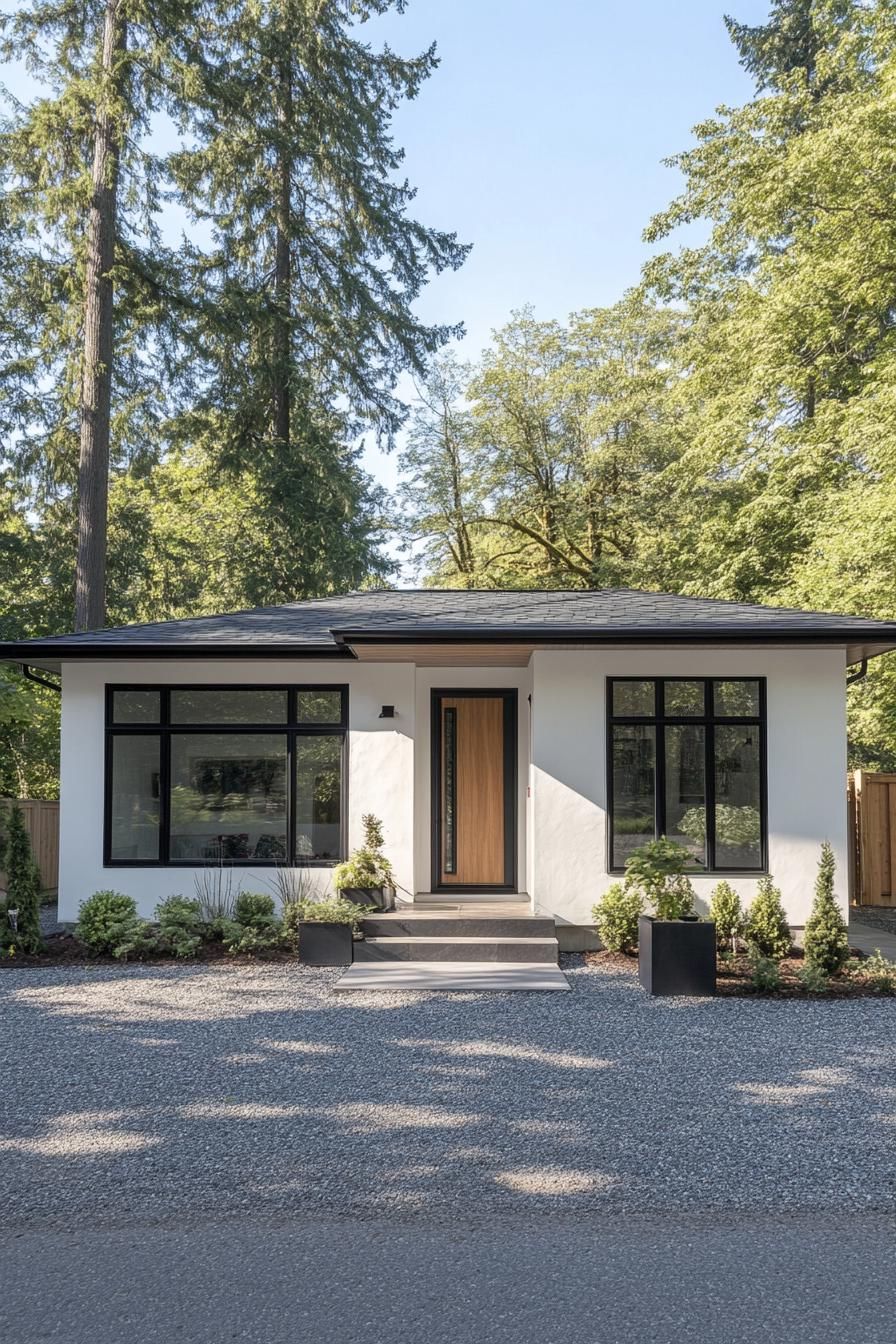 Small modern bungalow nestled among tall trees